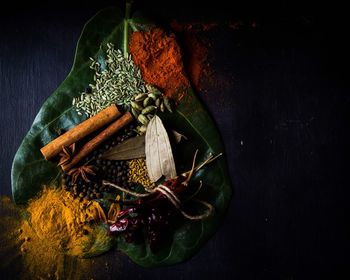 High angle view of spices on leaf