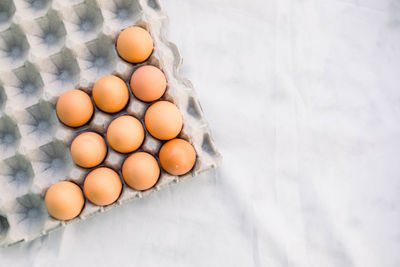 Close-up of eggs on white background