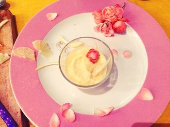 High angle view of dessert served in plate