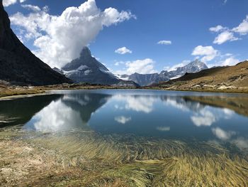 Panoramic view of lake and mountains against sky