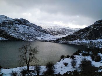 Scenic view of lake and snowcapped mountains against sky