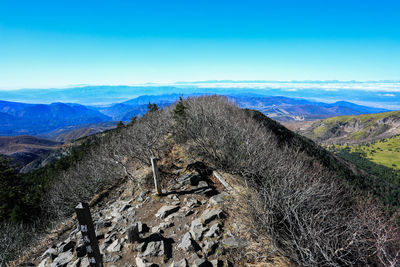 Aerial view of land and mountains against blue sky