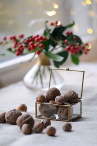 Close-up of christmas decorations on table