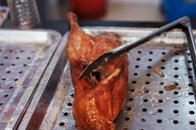 High angle view of meat on table