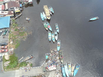 High angle view of boats in sea