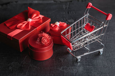 High angle view of red container on table