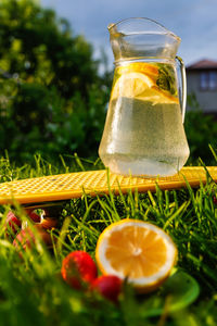 Close-up of drink in glass jar on table
