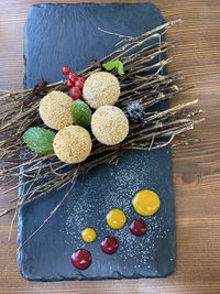 High angle view of christmas decorations on table