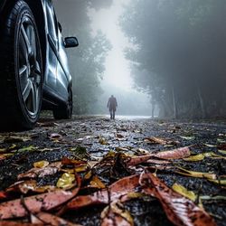 Rear view of man walking on wet road