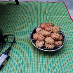 High angle view of meat in plate on table