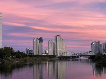 Scenic view of river by buildings against sky during sunset