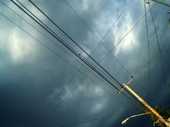 Low angle view of power lines against cloudy sky