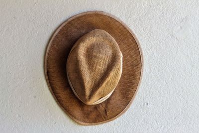 High angle view of hat on wall