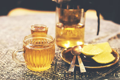 Close-up of drink served on table