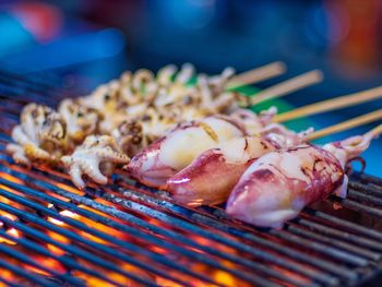 Close-up of meat on barbecue grill