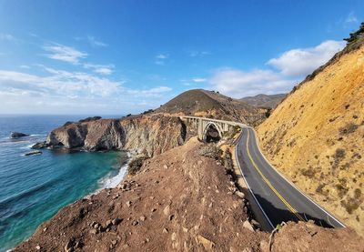 Scenic view of sea and mountains against blue sky