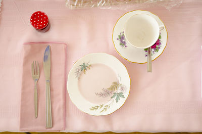 High angle view of tea served on table