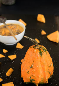 High angle view of pumpkin on table