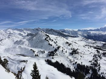 Scenic view of snowcapped mountains against sky