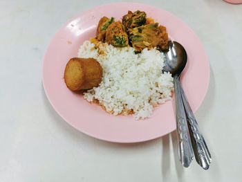 High angle view of breakfast served on table