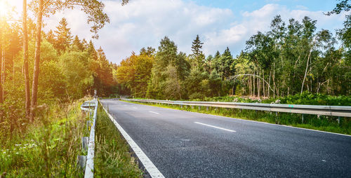 Road amidst trees in forest against sky