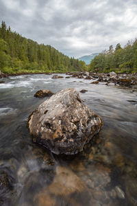 Surface level of rocks by river against sky