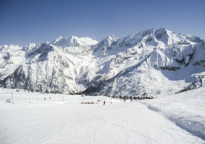 Scenic view of snowcapped mountains against clear sky