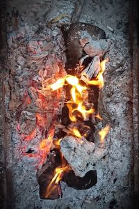 High angle view of fire on wood