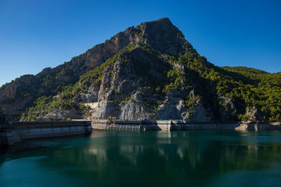 Scenic view of lake and mountains against clear blue sky