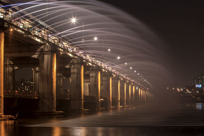 Low angle view of water flowing from bridge in river against sky at dusk