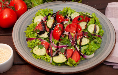 High angle view of food in plate on table