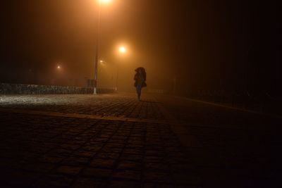 Person walking on illuminated street during foggy weather at night