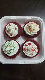 High angle view of cupcakes on table