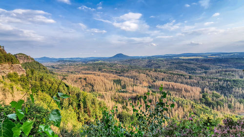 High angle view of mountain under blue sky