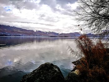 Scenic view of lake against sky during winter