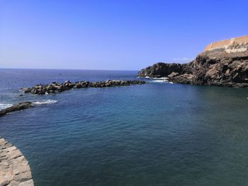 Scenic view of sea against clear blue sky