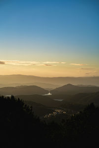 Scenic view of silhouette mountains against sky at sunset