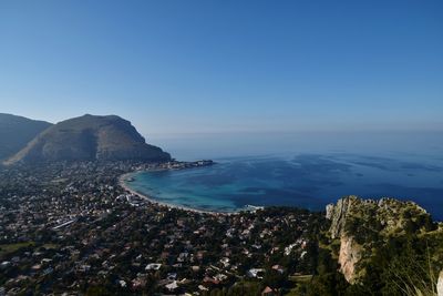 Scenic view of sea against clear blue sky