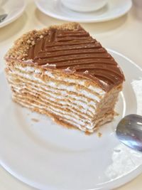 High angle view of cake in plate on table