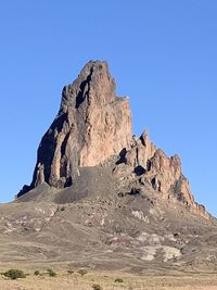 Rock formations on landscape against clear blue sky