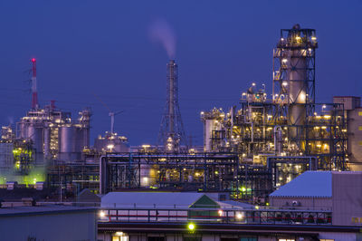 Illuminated factory against sky at night