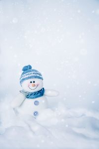 Close-up of snowman against white background