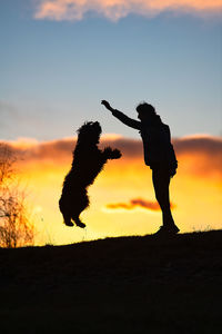 Silhouette people on land against sky during sunset