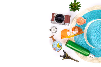 High angle view of stuffed toy over white background