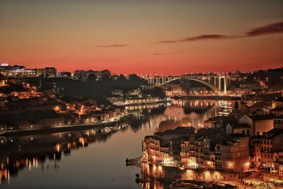 Illuminated bridge over river at sunset