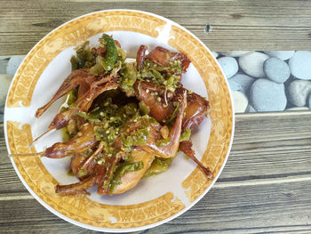 High angle view of salad in plate on table