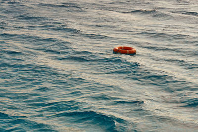 A lifebuoy on the surface of a waving sea.