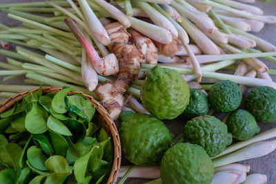 High angle view of bergamot orangevegetables for sale in market