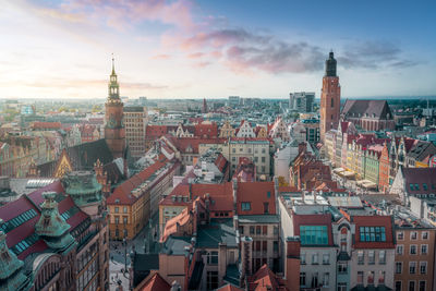 High angle view of cityscape against sky