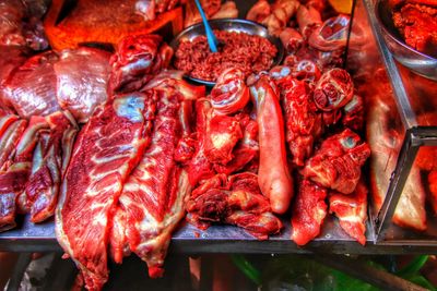 High angle view of meat on barbecue grill